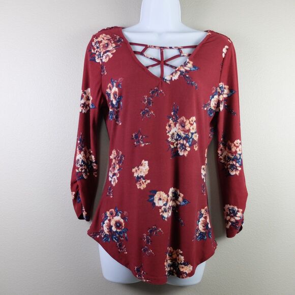 No Boundaries Red Floral Long Sleeve Top Size Medium - Picture 1 of 7